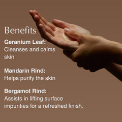 Aesop Geranium Leaf Body Cleanser lather close-up highlights crisp citrus aroma.
