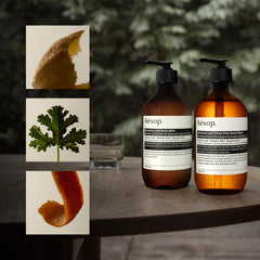 Aesop Geranium Leaf Body Cleanser pour showing low-lather purification.
