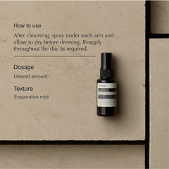 Aesop Herbal Deodorant Spray mist underarm application for cooling relief and odor masking.