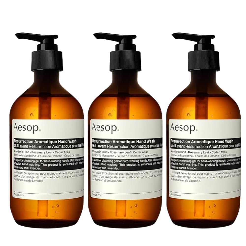 Aesop Resurrection Aromatique Hand Wash bottle-pack-3 shows refreshing citrus aroma for daily cleansing.
