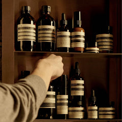 Aesop Resurrection Aromatique Hand Wash label close-up emphasizes vegan, cruelty-free care.