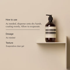 Aesop Resurrection Rinse-Free Hand Wash label highlights mandarin and bergamot fragrances for refreshing scent.