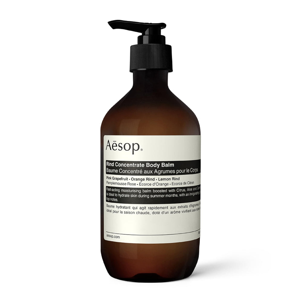 Aesop Rind Concentrate Body Balm bottle with citrus branding for quick-absorbing hydration.