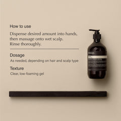 Aesop shampoo lather close-up emphasizes cleansing and aromatic frankincense for daily use.