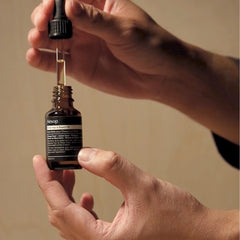 Aesop Shine Oil on hair ends emphasizing soft styling without greasy buildup.