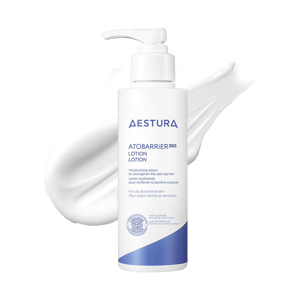 AESTURA ATOBARRIER365 bottle application shows fast-absorbing hydration for dry skin.