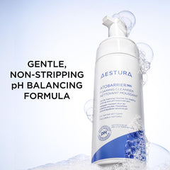 AESTURA ATOBARRIER365 foam texture closeup highlighting pre-foamed formula for gentle cleansing.