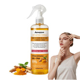 Aevezom Body Keratin Care Turmeric Spray bottle closeup for exfoliating mist and smoother skin.