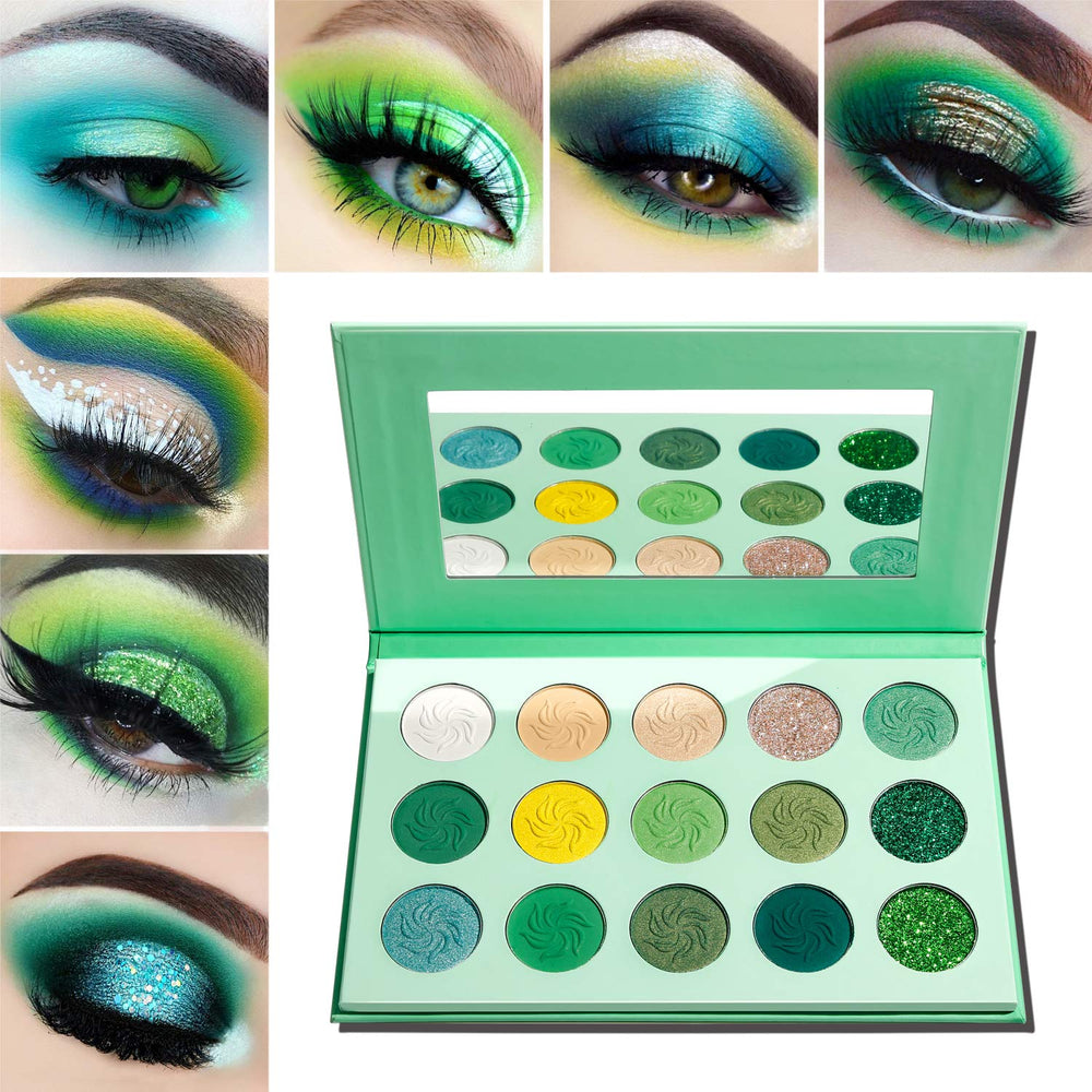 Afflano green eyeshadow palette closeup highlights rich greens for versatile day to night looks.
