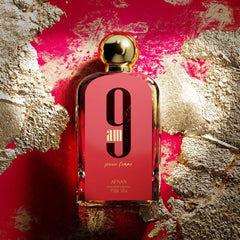 Afnan 9 AM Pour Femme bottle-side reveals fruity heart and musk balance