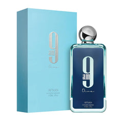Afnan 9 AM Dive bottle angled shot conveys morning freshness as a confident daily scent.
