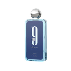 Afnan 9 AM Dive bottle side angle showcases unisex versatility for office to evening transitions.