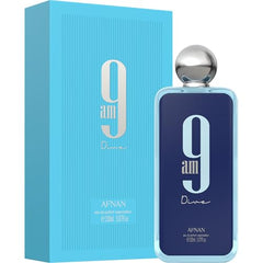 Afnan 9AM Dive box packaging highlights travel-ready, sophisticated unisex scent.