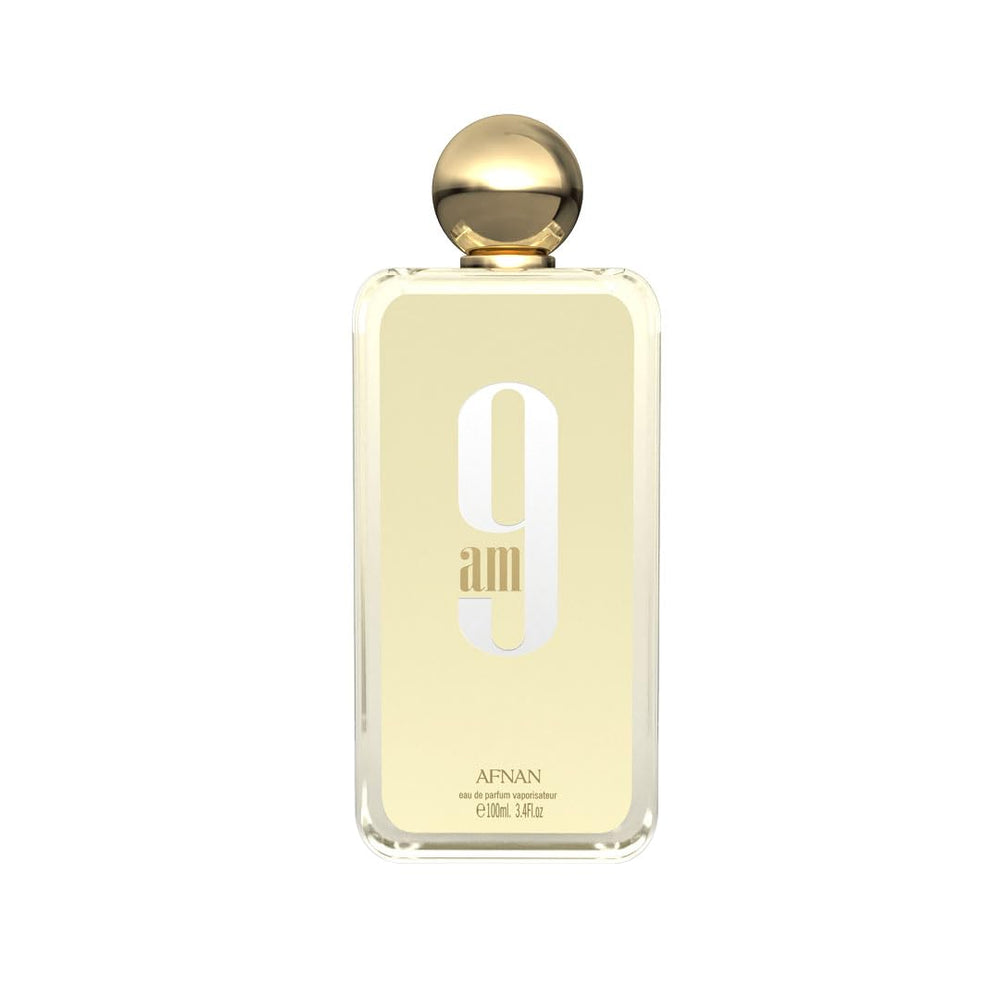 Afnan 9 AM bottle front view, vibrant citrus for daytime confidence.