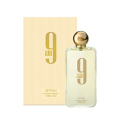 Afnan 9 AM bottle side view emphasizes sleek design and wearable sophistication.