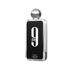 Afnan 9 PM for Men bottle close-up shows premium glass for luxury gifting.