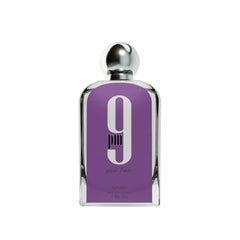 Afnan 9 PM Pour Femme bottle from front view suggests elegant evening fragrance.