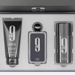 Afnan 9 PM set pack shot showing the three-piece grooming lineup for a cohesive routine