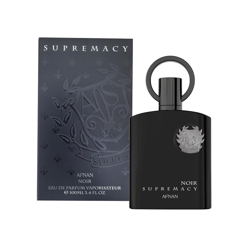 Afnan Supremacy Noir bottle front shows bold elegance for daily wear.