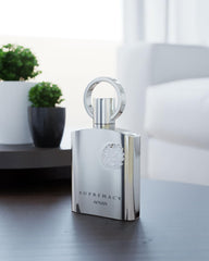 Afnan Supremacy Silver tilted bottle highlights sleek silhouette for display and travel