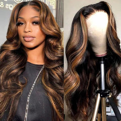 Afribye 30-inch highlight ombre lace-front wig closeup shows natural color and shine