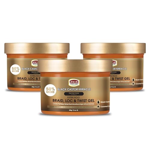 African Pride Black Castor Miracle gel 3-pack jar close-up for smooth braids and twists.