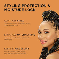 African Pride extra-hold gel on braid-close view for firm, flexible styling.