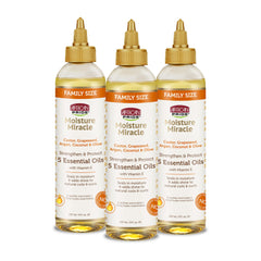 African Pride Moisture Miracle Oil bottle pour demonstrates easy daily hydration for healthy-looking hair
