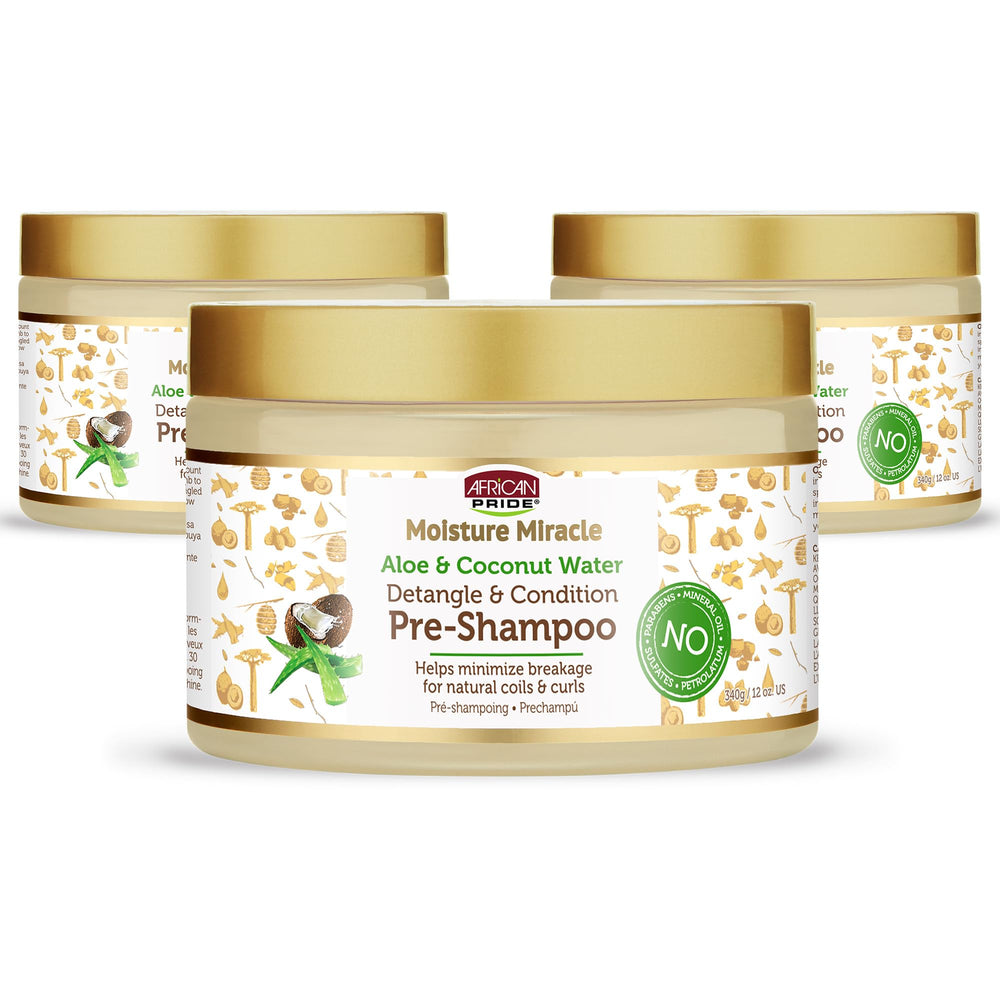 African Pride Moisture Miracle Detangler bottle front showing easy detangling prep.