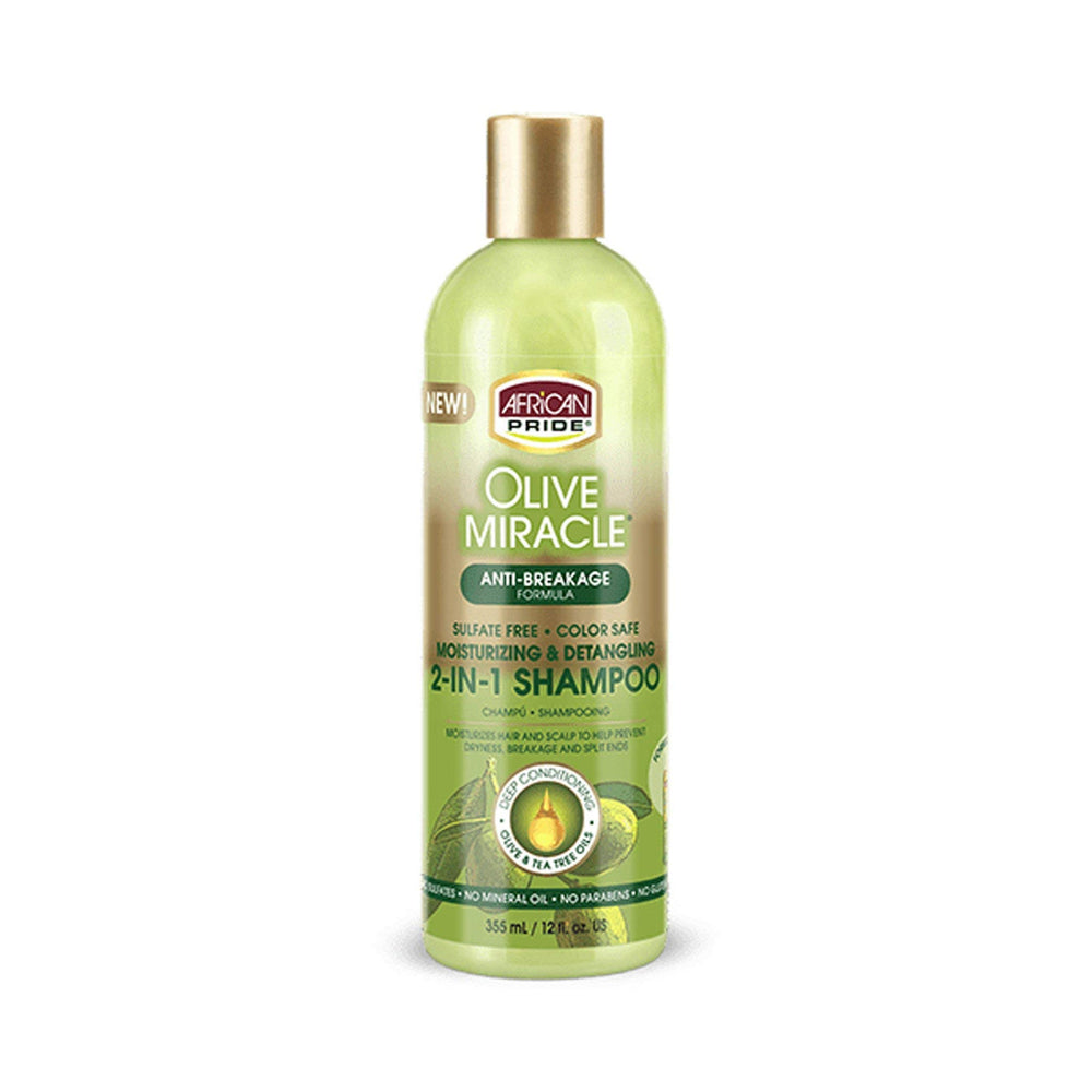 African Pride Olive Miracle 2-in-1 bottle pour highlighting detangling-ready hydration