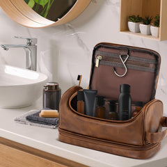 Aganmi toiletry bag initials and wheat wreath emphasize a personalized gift for him.