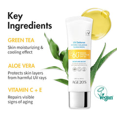 AGE 20's UV Defense SPF 60+ bottle label highlighting broad spectrum protection