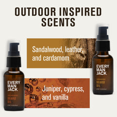 Aged bourbon sandalwood fragrance highlighted on the beard oil bottle.