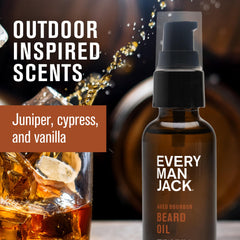 Every Man Jack aged bourbon beard oil scent with woodsy amber and vanilla notes for refinement.
