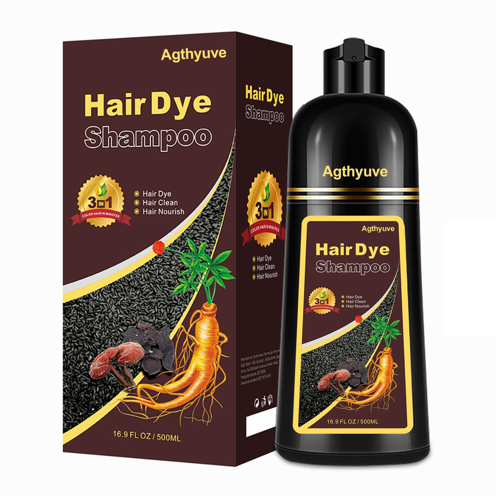Agthyuve hair dye shampoo dark brown bottle enables easy at-home color.
