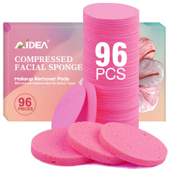 AIDEA 96Count pink round compressed facial sponges for gentle cleansing and makeup removal