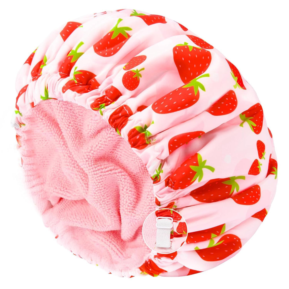 Aileam shower cap pink strawberry pattern keeps hair dry during showers