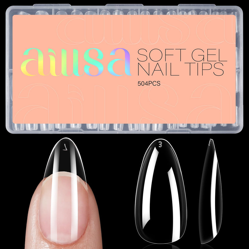 AILLSA Almond Nail Tips clear storage box for easy size selection and organizing.