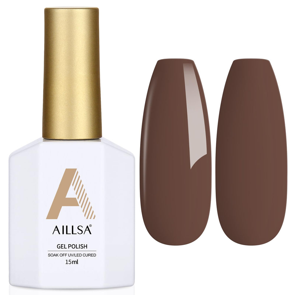 AILLSA Brown Gel Nail Polish bottle closeup showing rich chocolate brown shade for chic nails