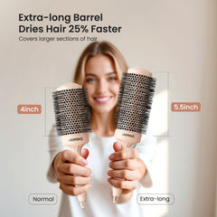AIMIKE round brush with extended barrel speeds drying by covering larger sections.
