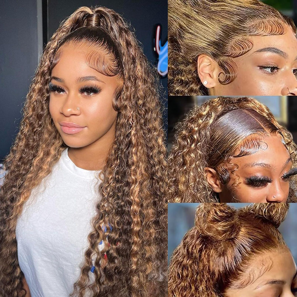 Aimking highlight wig ombre honey blonde front features 4/27 lace front for a natural look.