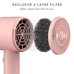 AINA hair dryer 4-layer filter close-up highlights safety and reduced hair suction.