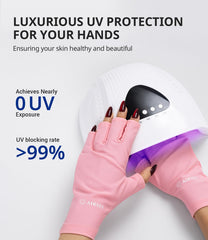 AirSee Premium UPF50 gloves pink with UPF label demonstrating UVA/UVB protection