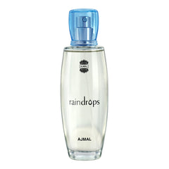 Ajmal Rain Drops bottle close-up showcases a fresh floral-fruity vibe for daily wear.