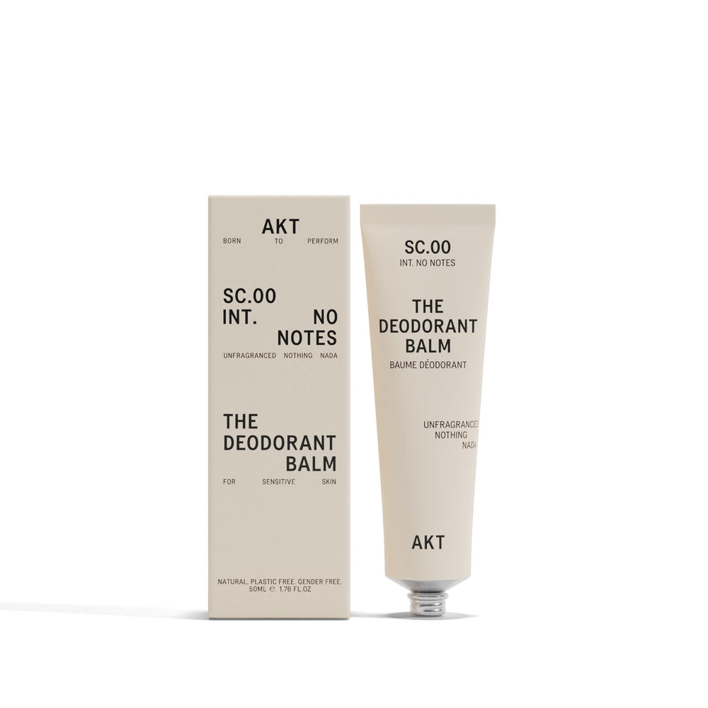 AKT Deodorant Balm squeeze-application demonstrates easy pea-sized dab for quick, all-day on-the-go protection.