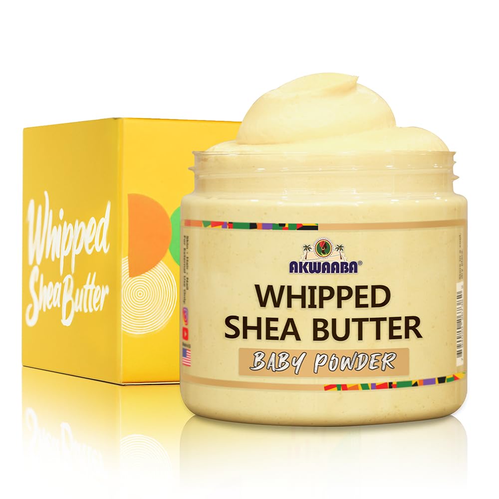 AKWAABA Whipped Shea Body Butter in a jar with Baby Powder scent for daily moisture.