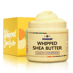 AKWAABA Whipped Shea Body Butter in a jar with Baby Powder scent for daily moisture.