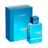 Al Haramain Amber Oud Aqua Dubai bottle front; versatile unisex scent for everyday wear