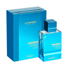 Al Haramain Amber Oud Aqua Dubai bottle front showcases bold, versatile fragrance for daily wear.
