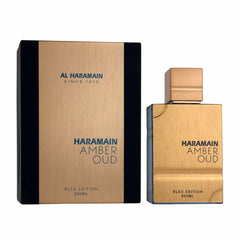 Al Haramain Amber Oud Blue Edition bottle front highlighting citrus and woody notes for a bold presence.